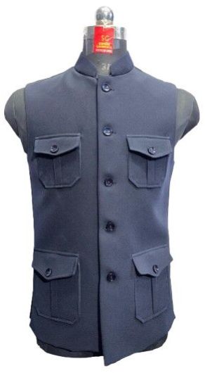 Blue Colour 4 Pocket Sleeveless Nehru Jacket