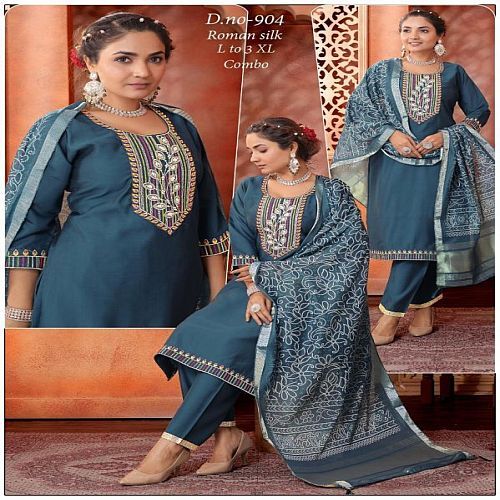 Blue Embroidered Roman Silk Kurti Pant Set