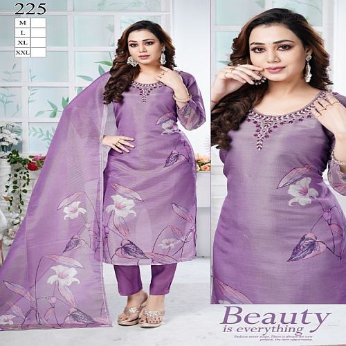 Ladies Purple Floral Print Silk Kurti Pant Set