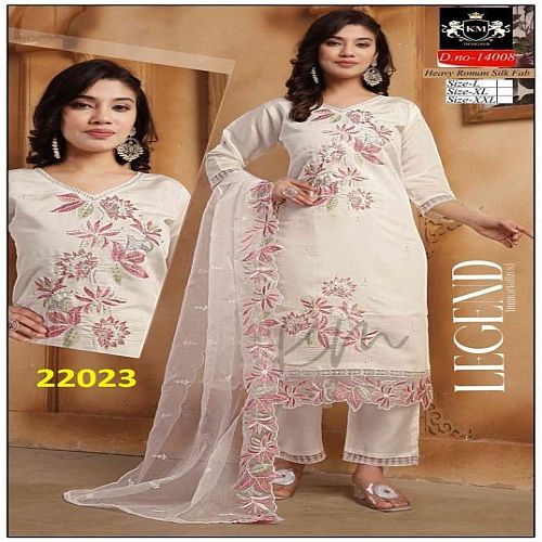 Ladies White Roman Silk Kurti Pant Dupatta Set