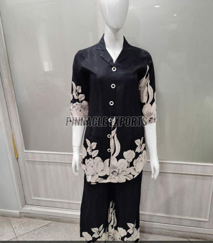 Ladies Black Floral Rayon Printed Cord Set