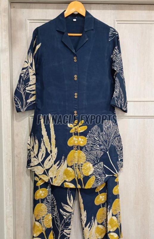 Ladies Blue Floral Rayon Printed Cord Set