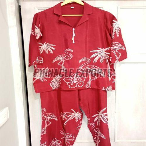 Ladies Pink Rayon Printed Cord Set