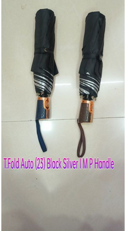 23 Inches Three Fold Auto Black Silver Fancy Handle Umbrella