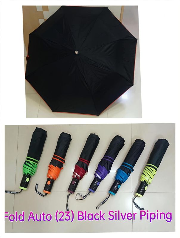 23 Inches Three Fold Auto Black Silver Piping Umbrella