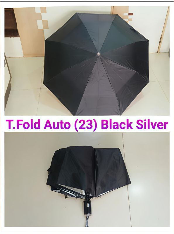 23 Inches Three Fold Auto Black Silver Umbrella