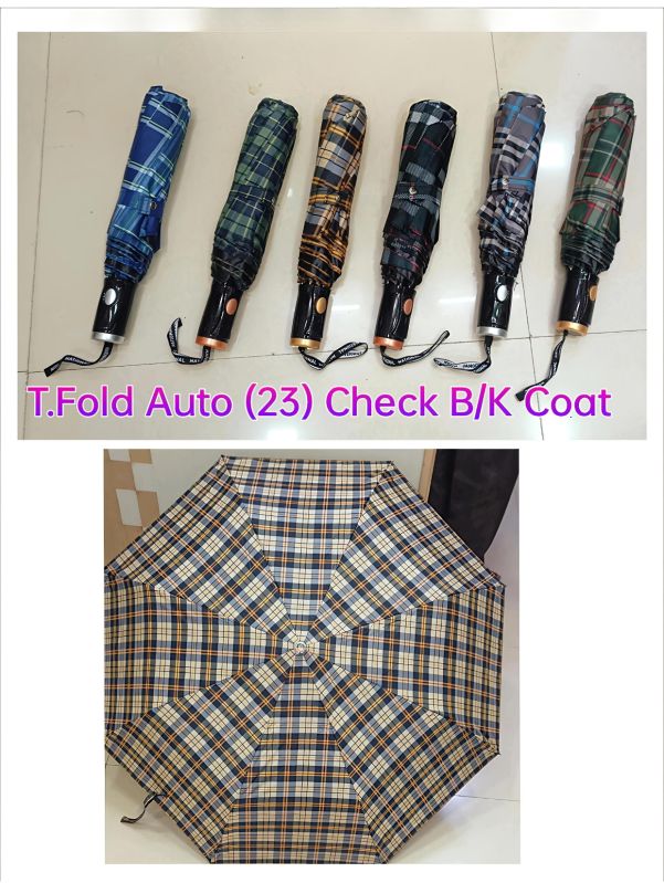 23 Inches Three Fold Auto Check Black Coated Umbrella