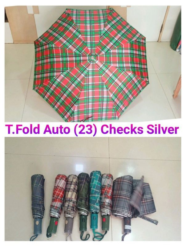 23 Inches Three Fold Auto Check Silver Umbrella