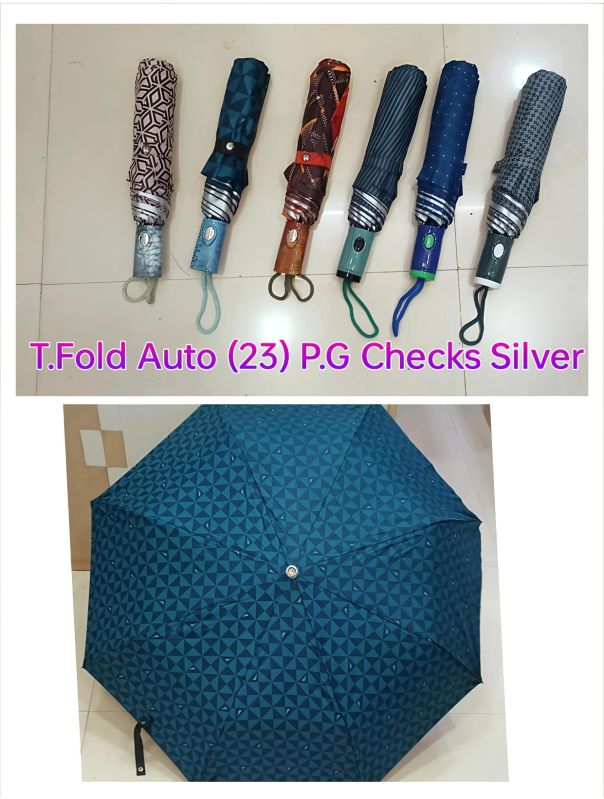 23 Inches Three Fold Auto Pg Check Silver Umbrella
