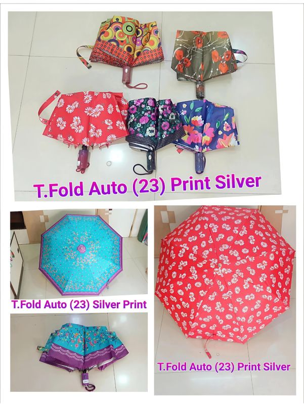 23 Inches Three Fold Auto Silver Print Umbrella