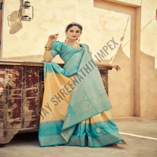 Ladies Beige And Sea Blue Soft Silk Saree