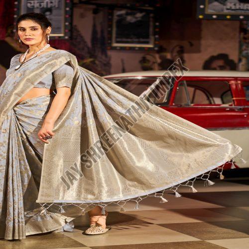 Ladies Grey Golden Print Silk Saree