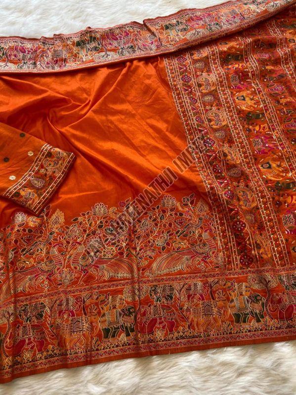 Ladies Orange Border Work Nylon Viscose Saree