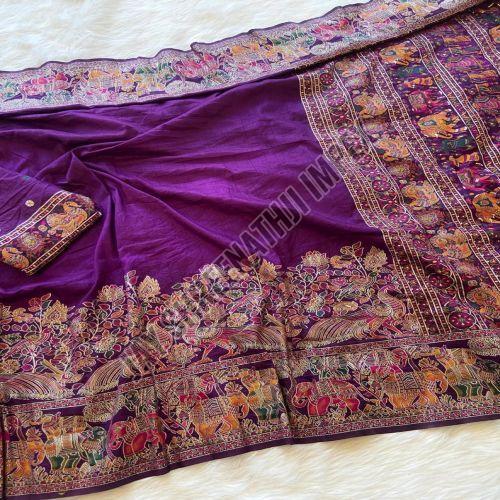 Ladies Purple Border Work Nylon Viscose Saree