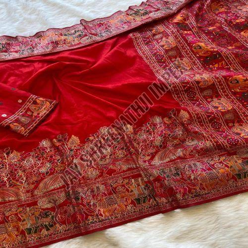 Ladies Red Border Work Nylon Viscose Saree