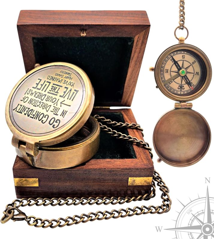 Solid Brass Vintage Navigational  Compass with Wooden Box