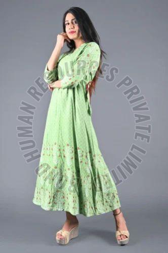 Ladies Green Long Frock Cotton Kurti