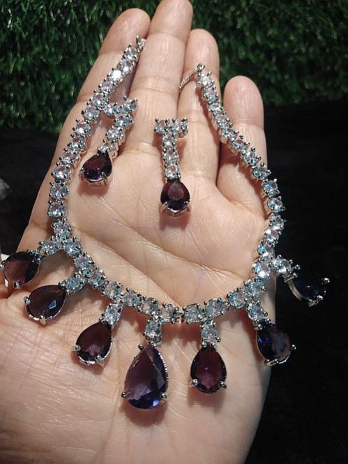 Pear Shaped Purple Stone Solitaire Diamond Necklace Set