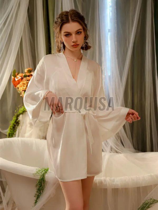 Woman\'s White Short Sleeve Belted Night Rob