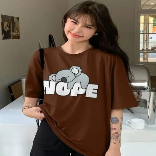 Ladies Cotton Brown Printed Oversized T Shirt