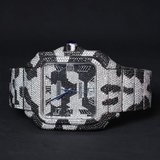 Iced Out Black and White Two Tone Cartier Moissanite Watch
