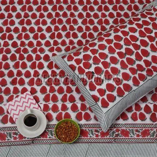 Beautiful Strawberry Hand Block Printed Cotton Bed Sheet Set