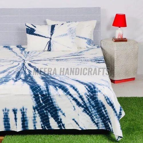 Beautiful White and Blue Tie Dye Cotton Bed Sheet Set