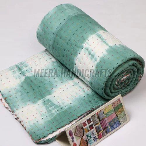 Green And White Cotton Handmade Kantha Quilt