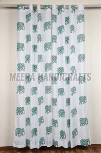 Green Hand Block Elephant Print Cotton Curtain