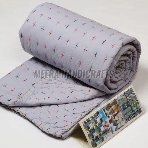 Grey Cotton Printed Kantha Quilt