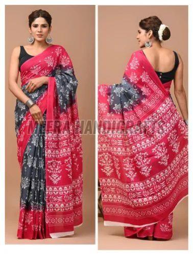 Ladies Black And Pink Cotton Hand Block Printed Saree