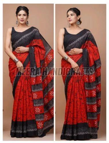 Ladies Black And Red Cotton Hand Block Printed Saree