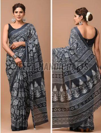 Ladies Black Cotton Hand Block Printed Saree