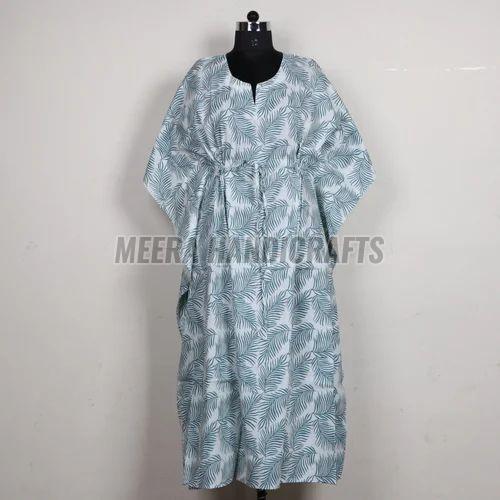 Ladies Blue Feather Print Cotton Kaftan