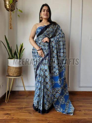 Ladies Blue Printed Cotton Saree