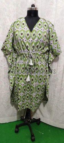 Ladies Casual Wear Green Cotton Printed Kaftan