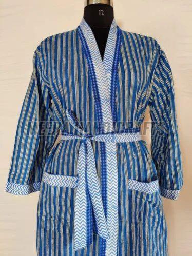 Ladies Cotton Blue White Striped Bathrobe