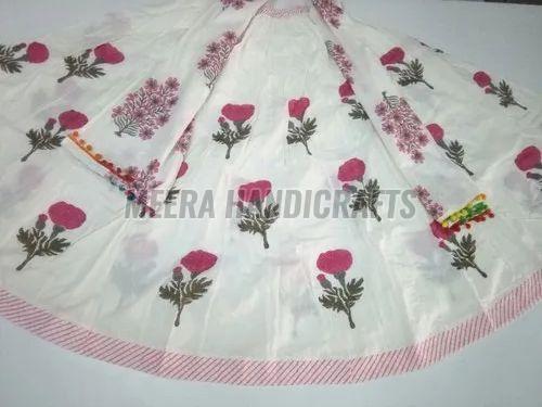 Ladies Cotton Pink Floral Hand Block Printed Long Skirt