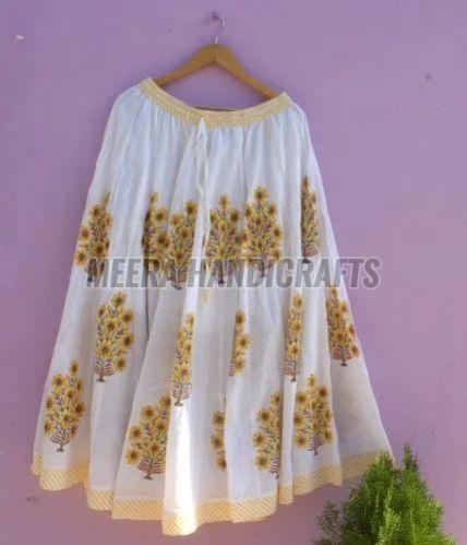 Ladies Cotton Yellow Floral Hand Block Printed Long Skirt
