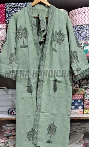 Ladies Green Palm Tree Printed Cotton Bathrobe