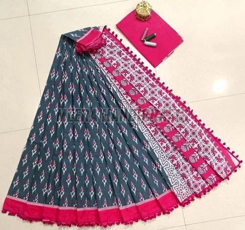 Ladies Grey And Pink Hand Block Printed Cotton Saree