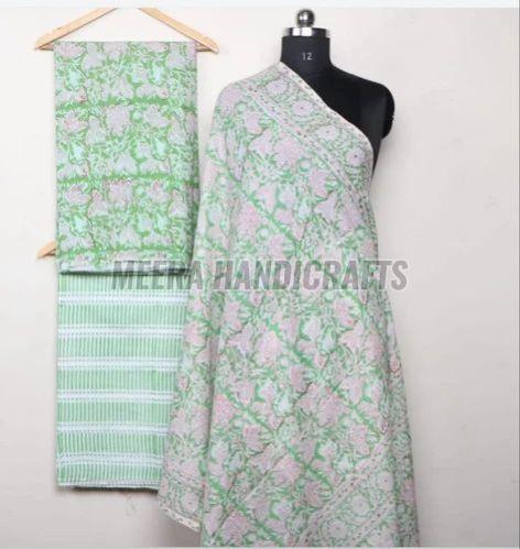 Ladies Light Pink and Green Hand Block Printed Suit Material