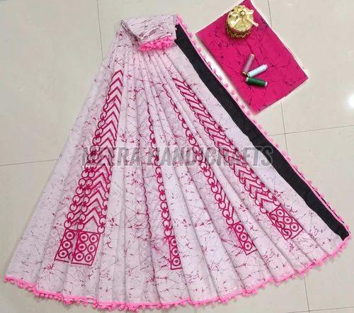 Ladies Pink And White Hand Block Printed Cotton Saree