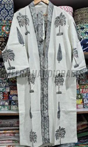 Ladies White And Black Palm Tree Printed Cotton Bathrobe