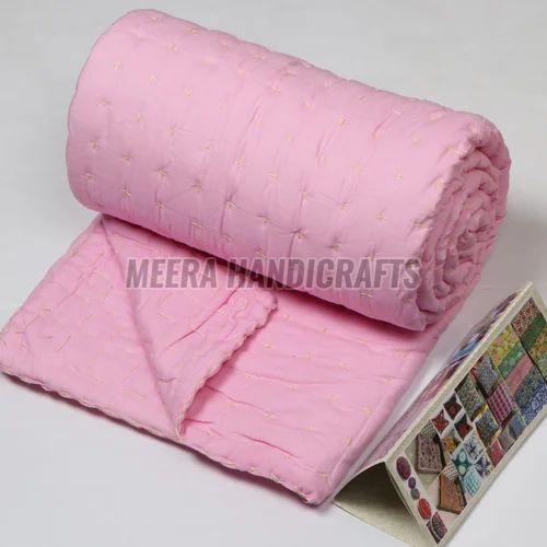 Plain Cotton Pink Solid Kantha Quilt