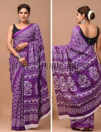 Ladies Purple Cotton Hand Block Printed Saree