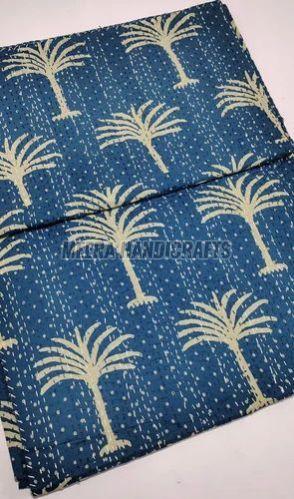 Royal Blue Palm Tree Printed Cotton Handmade Kantha Quilt