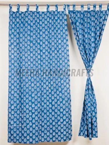 Sky Blue Cotton Block Printed Curtain