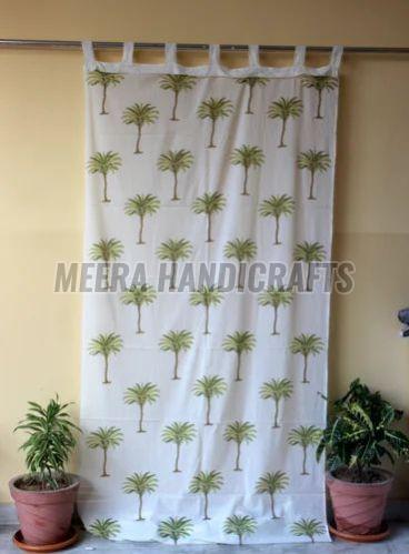 White And Green Cotton Tree Design Hand Printed Curtain