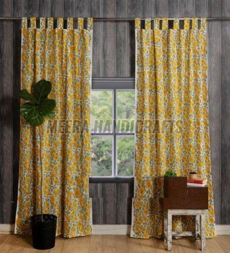 White Cotton Yellow Flower Printed Curtain